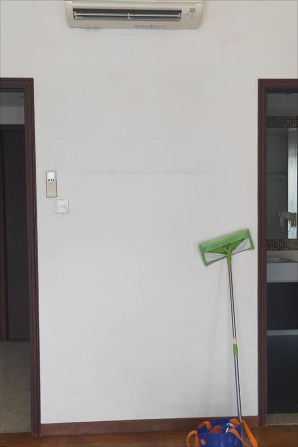 Bedroom wall after bio-cleaning, with mop and supplies